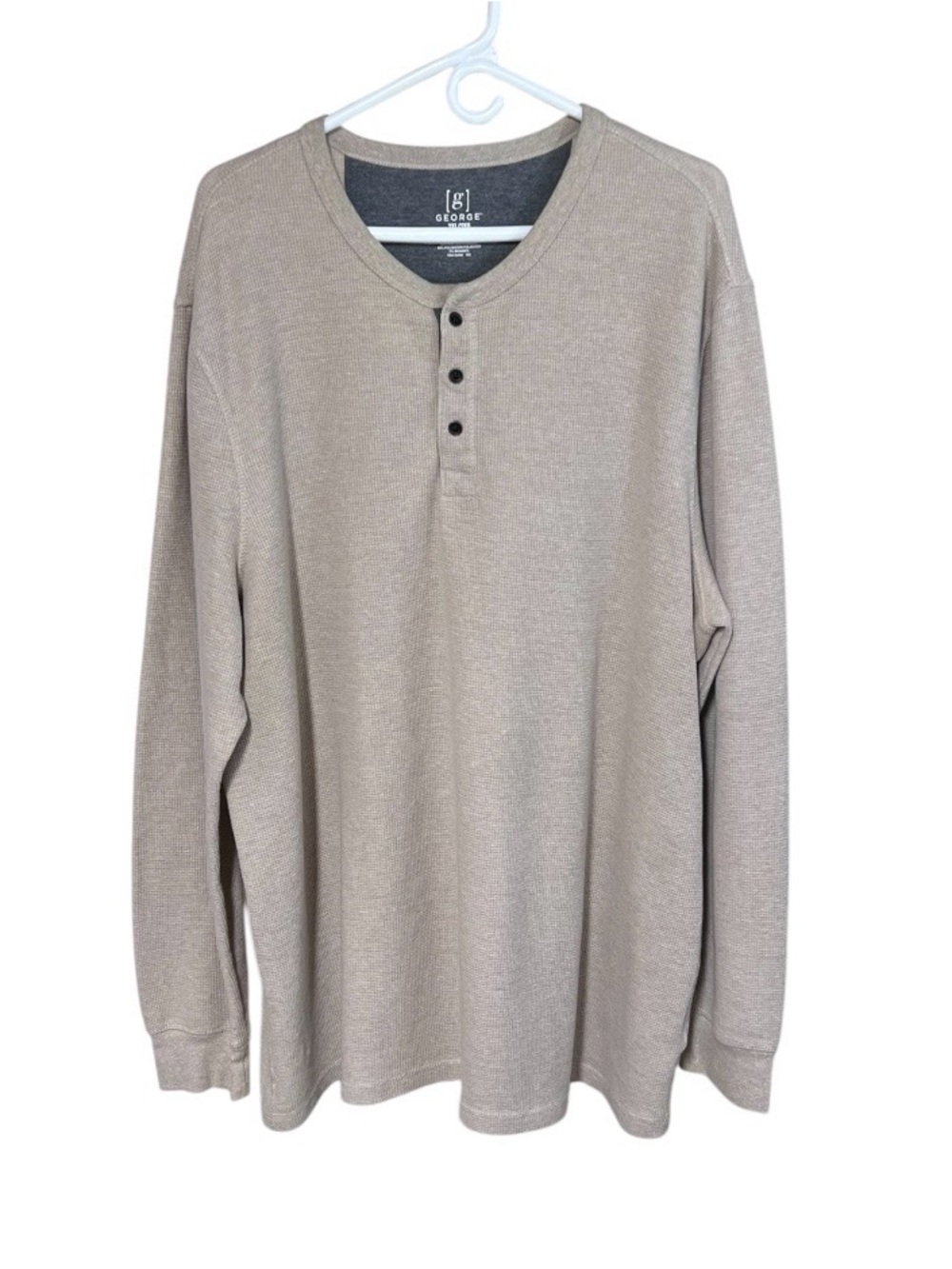 George Mens 3XL 54-56 Beige Waffle Knit Thermal Henley Crew Neck Shirt